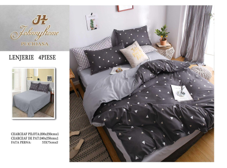 Set lenjerie pat 4 piese, bumbac satinat, model geometric negru-gri-BS683 [0]