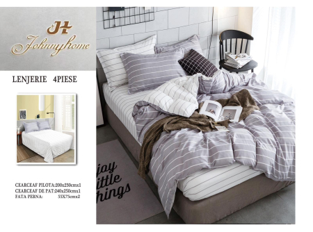 Lenjerii Bumbac Satinat - Set lenjerie pat 4 piese din bumbac satinat cu dungi gri și alb-BS105