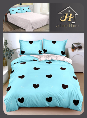 Lenjerii Bumbac Satinat - Set lenjerie pat bumbac satinat albastru cu inimioare negre-BS249