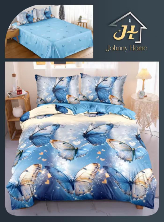 Lenjerii Bumbac Satinat - Set lenjerie pat bumbac satinat cu fluturi albastri-BS728