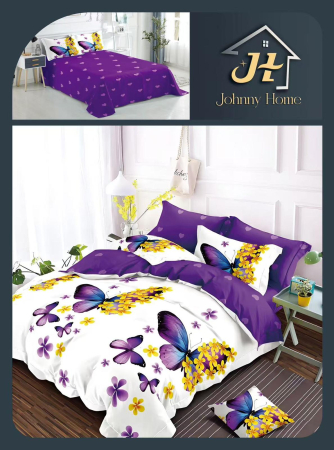 Set lenjerie pat bumbac satinat fluturi si flori galben-mov-BS688 [0]