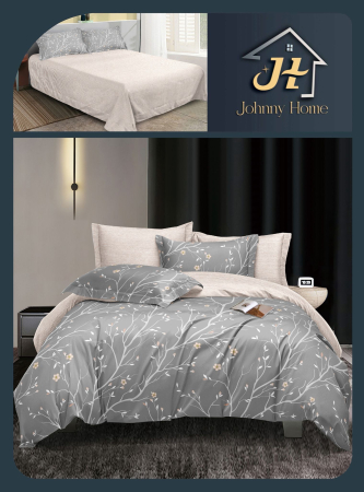 Lenjerii Bumbac Satinat - Set lenjerie pat bumbac satinat, model floral gri și bej-BS609