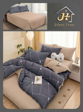 Lenjerii Bumbac Satinat - Set lenjerie pat bumbac satinat, model geometric gri și bej-BS743
