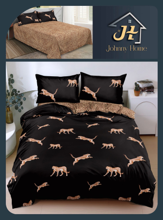 Lenjerii Bumbac Satinat - Set lenjerie pat bumbac satinat negru cu imprimeu leopard-BS465
