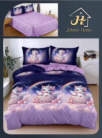 Lenjerii Bumbac Satinat - Set lenjerie pat bumbac satinat, pisicuta roz cu curcubeu, 4 piese-BS733