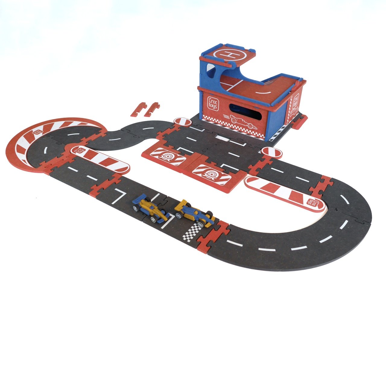 Jocuri si jucarii - Set de constructie Garaj modular cu pista si 2 masini de curse, Croc toys