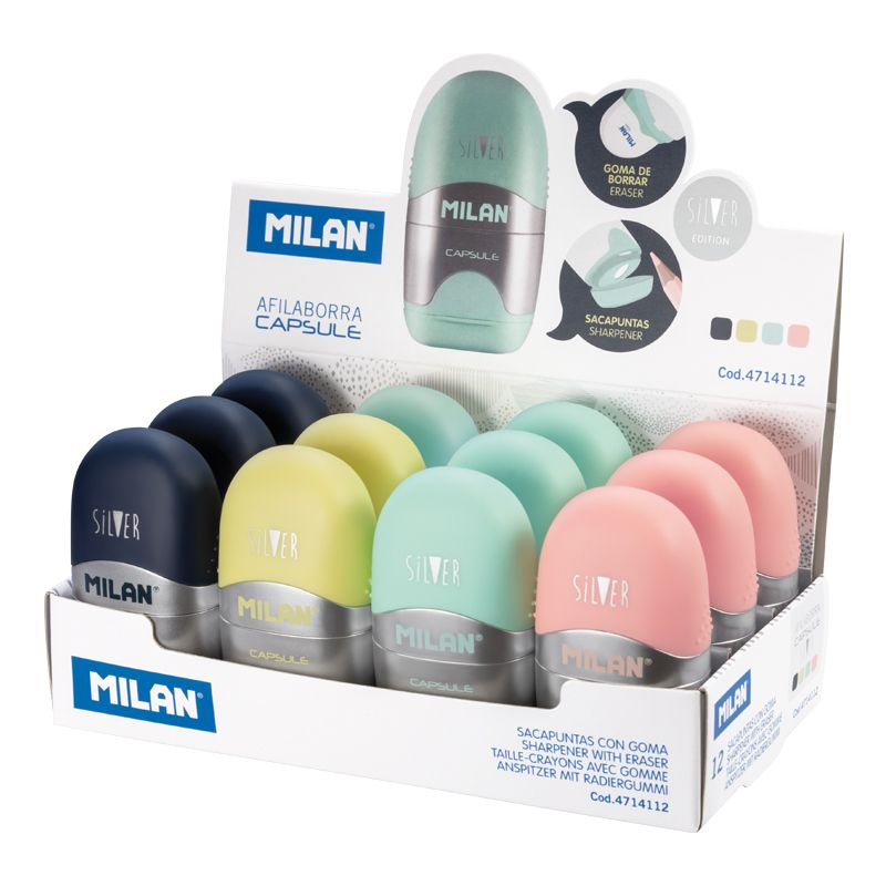 Ascutitoare cu radiera MILAN Silver – 2 in 1, design CAPSULE, culori asortate [1]
