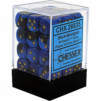 Chessex Gemini 12mm d6 Dice Blocks with pips Dice Blocks (36 Dice) - Black-Blue w/gold [1]