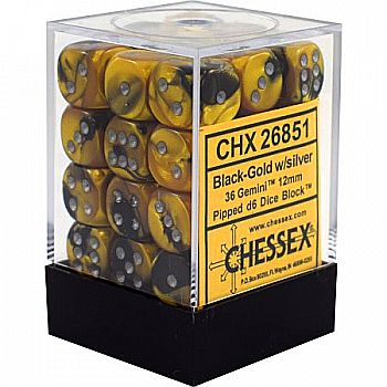 Chessex Gemini 12mm d6 Dice Blocks with pips Dice Blocks (36 Dice) - Black-Gold w/silver [1]