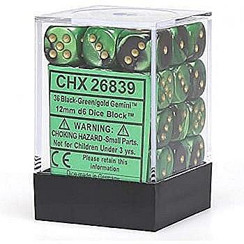 Chessex Gemini 12mm d6 Dice Blocks with pips Dice Blocks (36 Dice) - Black-Green w/gold [1]