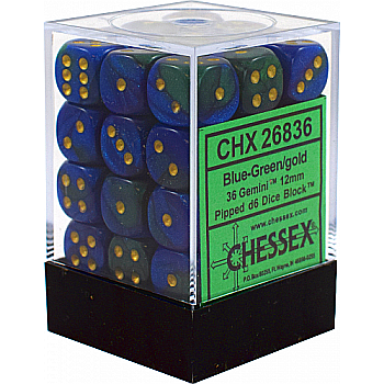 Chessex Gemini 12mm d6 Dice Blocks with pips Dice Blocks (36 Dice) - Blue-Green w/gold [1]