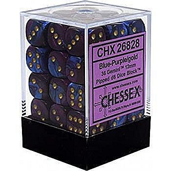 Chessex Gemini 12mm d6 Dice Blocks with pips Dice Blocks (36 Dice) - Blue-Purple w/gold [1]