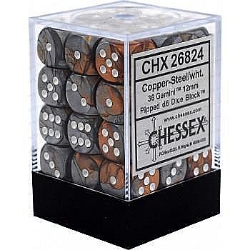 Chessex Gemini 12mm d6 Dice Blocks with pips Dice Blocks (36 Dice) - Copper-Steel w/white [1]