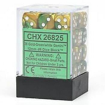 Chessex Gemini 12mm d6 Dice Blocks with pips Dice Blocks (36 Dice) - Gold-Green w/white [1]