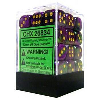 Chessex Gemini 12mm d6 Dice Blocks with pips Dice Blocks (36 Dice) - Green-Purple w/gold [1]