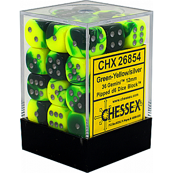 Chessex Gemini 12mm d6 Dice Blocks with pips Dice Blocks (36 Dice) - Green-Yellow w/silver [1]