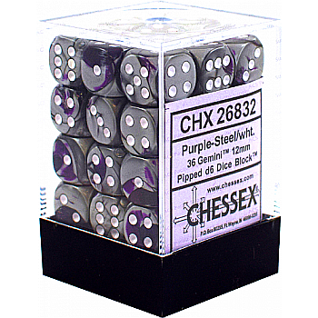 Chessex Gemini 12mm d6 Dice Blocks with pips Dice Blocks (36 Dice) - Purple-Steel w/white [1]