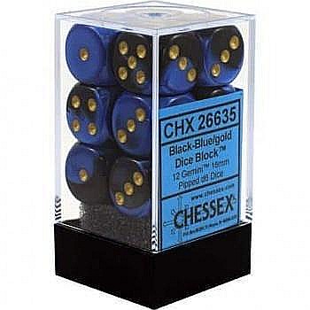 Chessex Gemini 16mm d6 with pips Dice Blocks (12 Dice) - Black-Blue w/gold [1]