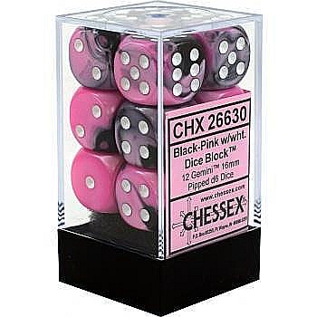 Chessex Gemini 16mm d6 with pips Dice Blocks (12 Dice) - Black-Pink w/white [1]