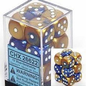 Chessex Gemini 16mm d6 with pips Dice Blocks (12 Dice) - Blue-Gold w/white [1]