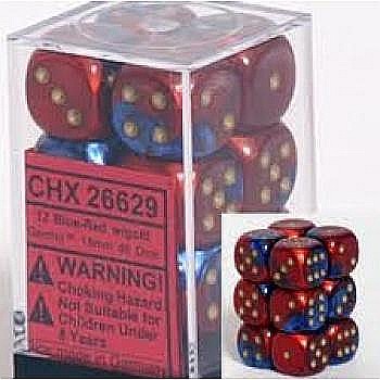 Chessex Gemini 16mm d6 with pips Dice Blocks (12 Dice) - Blue-Red w/gold [1]