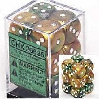 Chessex Gemini 16mm d6 with pips Dice Blocks (12 Dice) - Gold-Green w/white [1]