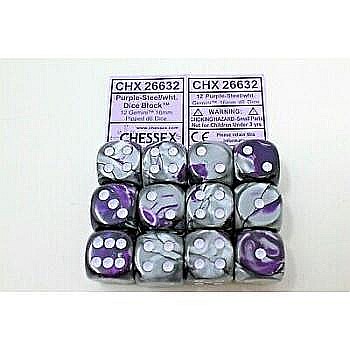 Chessex Gemini 16mm d6 with pips Dice Blocks (12 Dice) - Purple-Steel w/white [1]