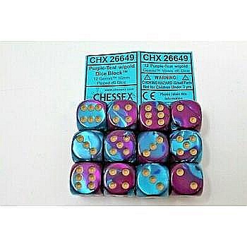 Chessex Gemini 16mm d6 with pips Dice Blocks (12 Dice) - Purple-Teal w/gold [1]