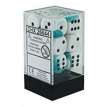 Chessex Gemini 16mm d6 with pips Dice Blocks (12 Dice) - White-Teal w/black [1]