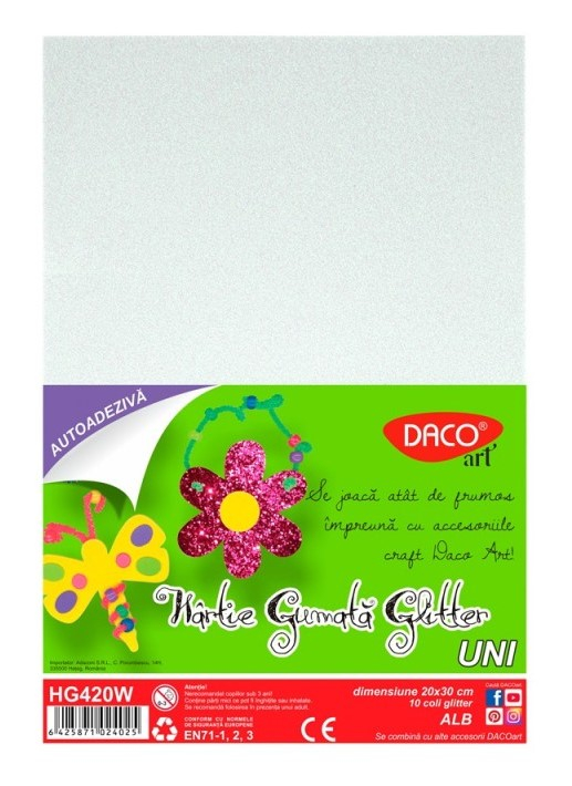 Hartie gumata autoadeziva glitter 10 coli Alb DACO HG420W [1]
