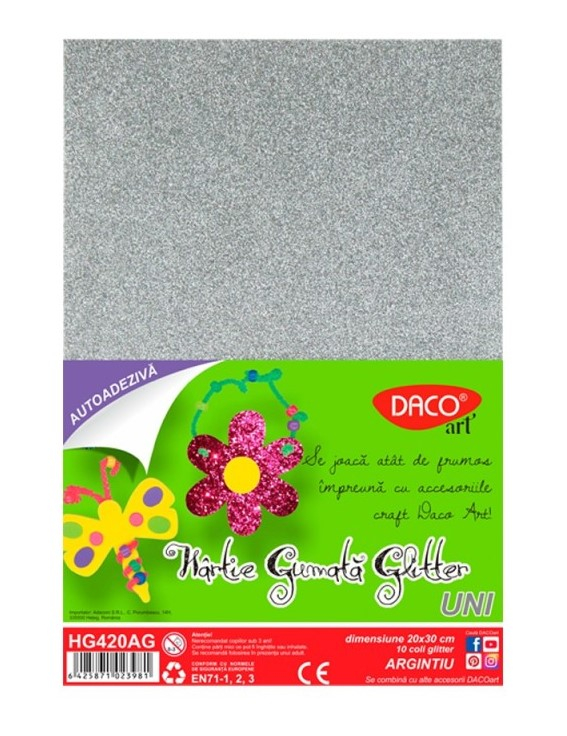 Hartie gumata autoadeziva glitter 10 coli Argintiu DACO HG420AG [1]