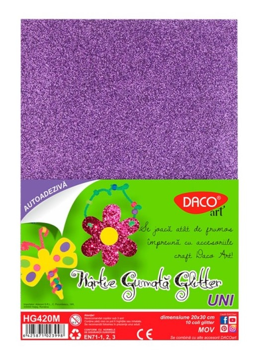 Hartie gumata autoadeziva glitter 10 coli Mov DACO HG420M [1]