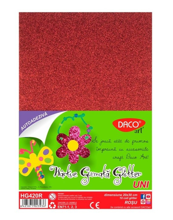 Hartie gumata autoadeziva glitter 10 coli Rosu DACO HG420R [1]