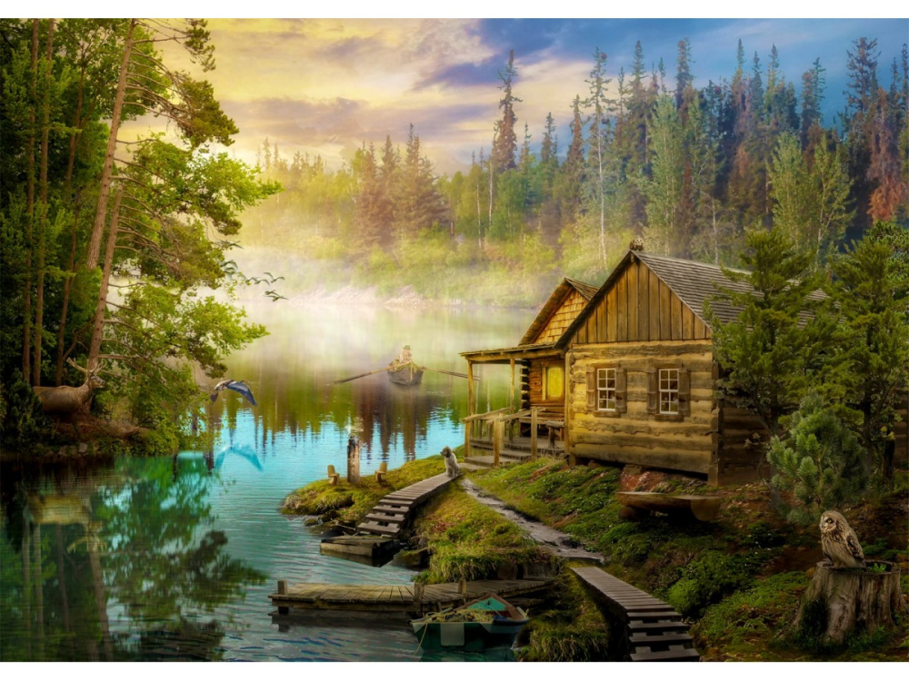 Puzzle 1000 piese Enjoy – A Log Cabin on the River [2]