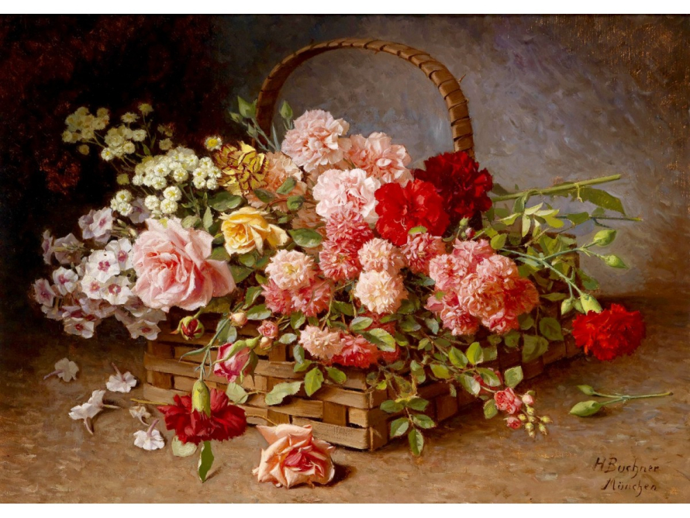 Puzzle 1000 piese Enjoy – Hans Buchner: A Basket of Roses and Carnations [2]