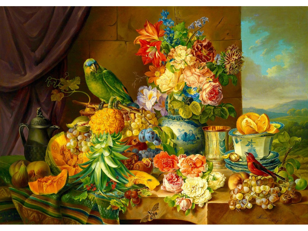 Puzzle 1000 piese Enjoy – Josef Schuster: Still Life with Fruit Flowers and a Parrot [2]
