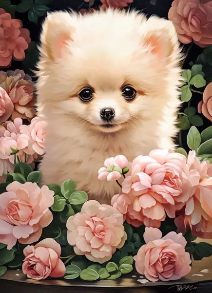 Puzzle 300 piese Pomeranian Puppy in Roses 030552 Castorland [2]