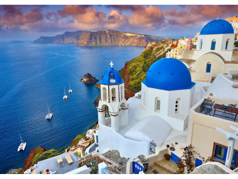 Puzzle 1000 piese Enjoy – Santorini View with Boats, Greece [1]