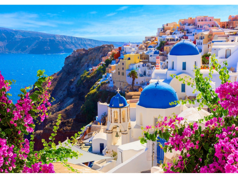 Puzzle 1000 piese Enjoy – Santorini View with Flowers, Greece [1]