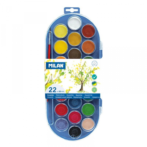 Rechizite, Creativitate, Hobby - Acuarele MILAN – set 22 culori, pigment intens, pastile 30 mm si pensula inclusa