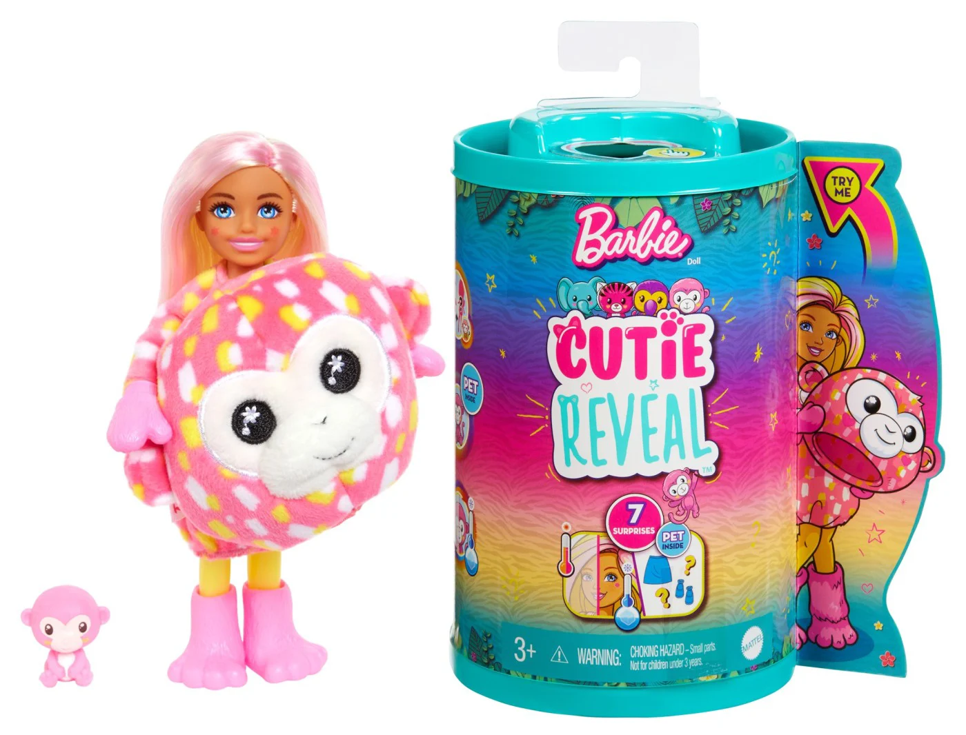 Jocuri si jucarii - Barbie Chelsea Cutie Reveal Jungle - Papusa Maimutica cu 7 Surprize
