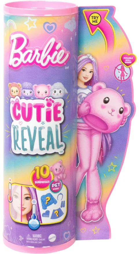 Jocuri si jucarii - Barbie Cutie Reveal Cozy Cute Tees - Papusa Ursulet Roz cu 10 Surprize