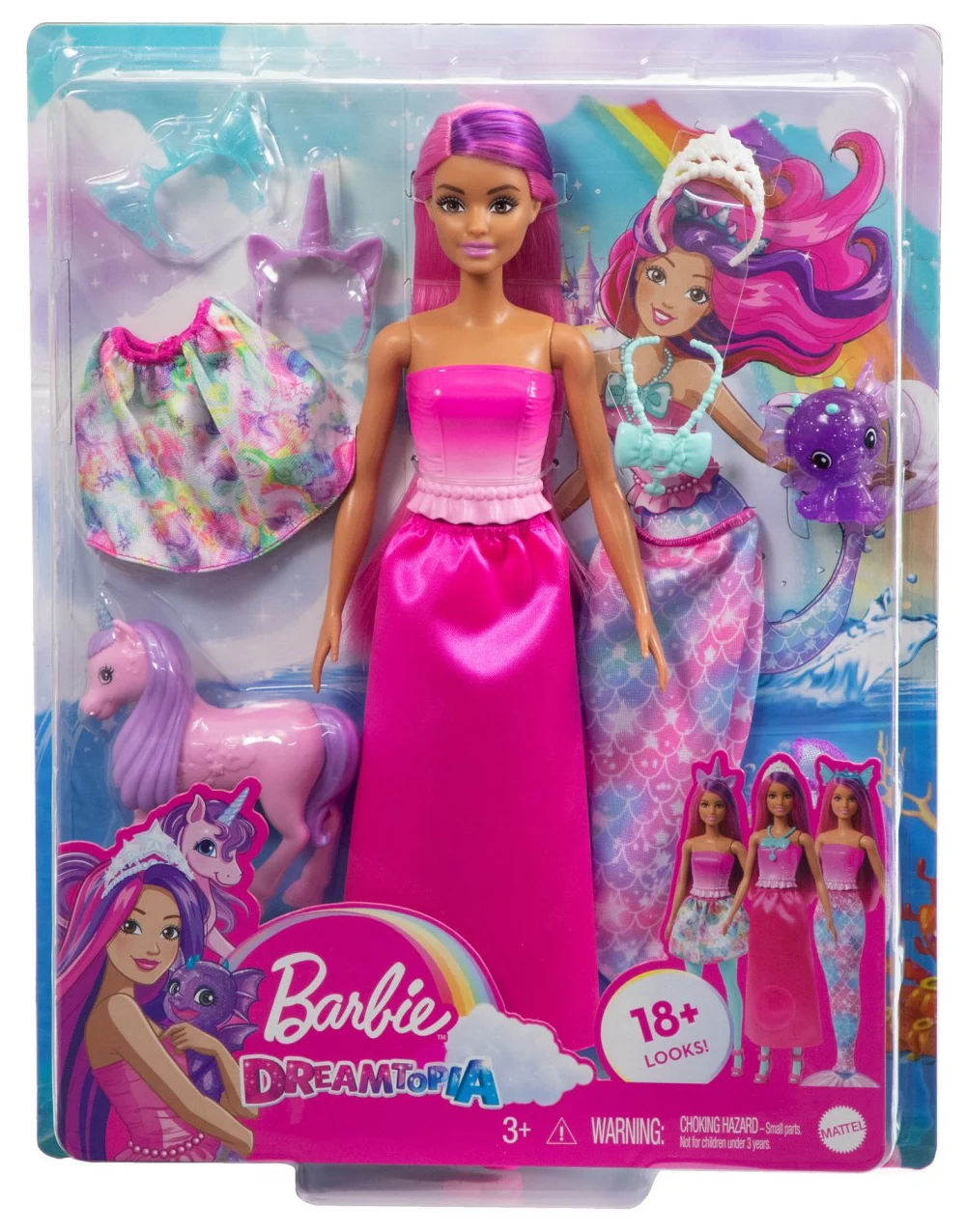 Jocuri si jucarii - Barbie Dreamtopia 18 Looks - Papusa cu Tinute Sirena, Printesa si Unicorn
