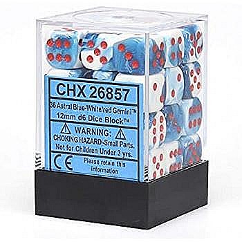 Zaruri - Chessex Gemini 12mm d6 Dice Blocks with pips Dice Blocks (36 Dice) - Astral Blue-White w/red
