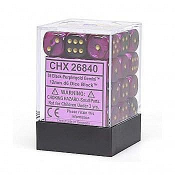 Zaruri - Chessex Gemini 12mm d6 Dice Blocks with pips Dice Blocks (36 Dice) - Black-Purple w/gold