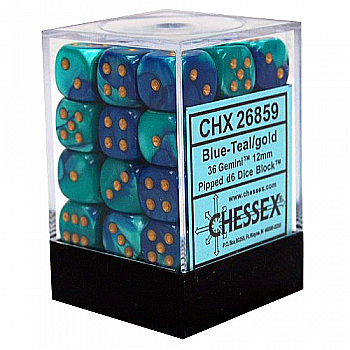 Zaruri - Chessex Gemini 12mm d6 Dice Blocks with pips Dice Blocks (36 Dice) - Blue-Teal w/gold
