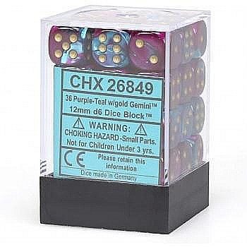 Zaruri - Chessex Gemini 12mm d6 Dice Blocks with pips Dice Blocks (36 Dice) - Purple-Teal w/gold