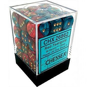 Zaruri - Chessex Gemini 12mm d6 Dice Blocks with pips Dice Blocks (36 Dice) - Red-Teal with gold