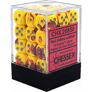 Zaruri - Chessex Gemini 12mm d6 Dice Blocks with pips Dice Blocks (36 Dice) - Red-Yellow w/silver