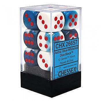 Zaruri - Chessex Gemini 16mm d6 with pips Dice Blocks (12 Dice) - Astral Blue-White w/red